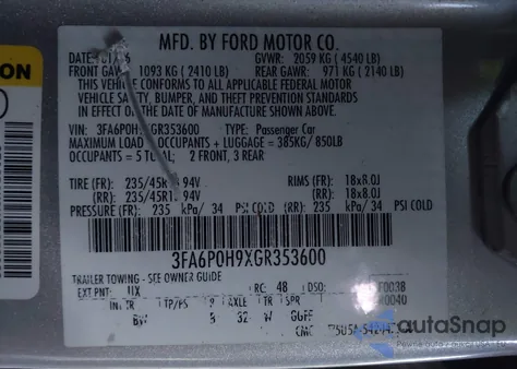 2016 Ford Fusion Se from USA, damaged, VIN 3FA6P0H9XGR353600